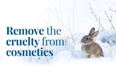 Bunny with text "Remove the cruelty from cosmetics"